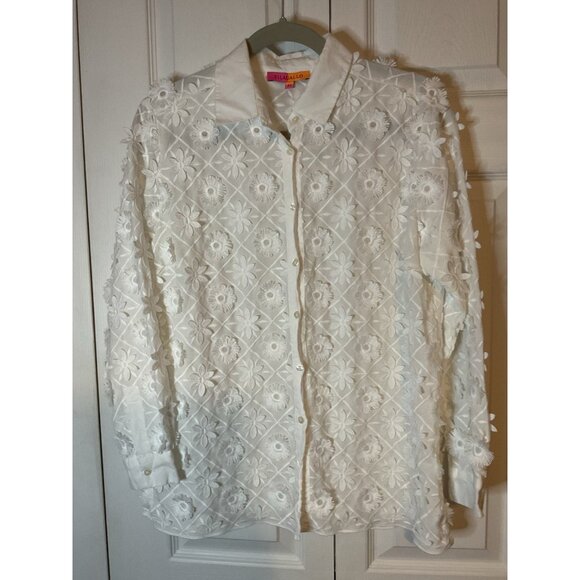 Villagallo White Textured Flower Floral Button Down Up Shirt Size 42 Medium - Picture 1 of 5